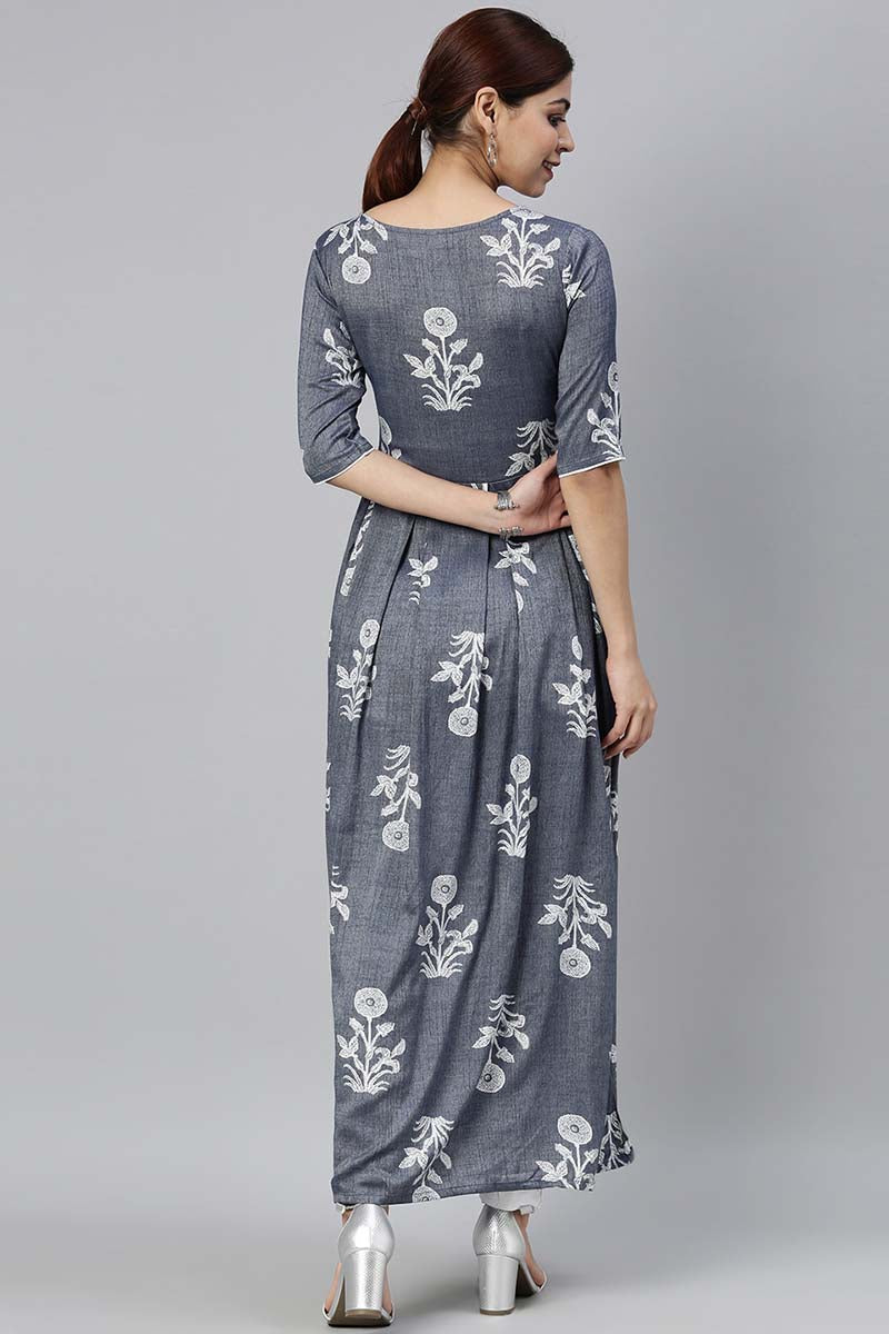 AHIKA Women Grey & White Floral Printed Kurta 