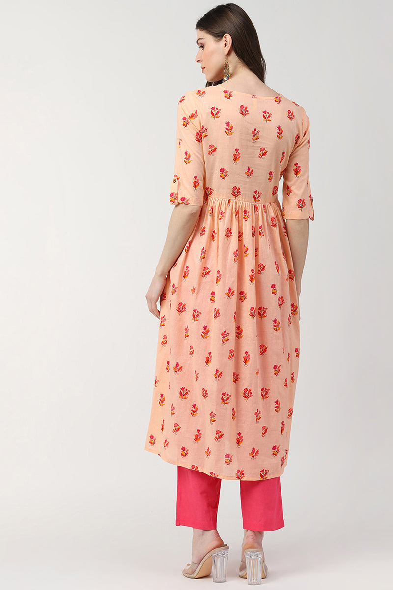 Peach Cotton Ethnic Motifs Printed A Line Kurti VCK8388