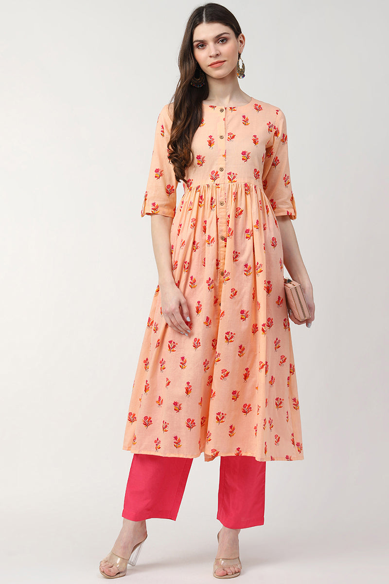 Peach Cotton Ethnic Motifs Printed A Line Kurti VCK8388