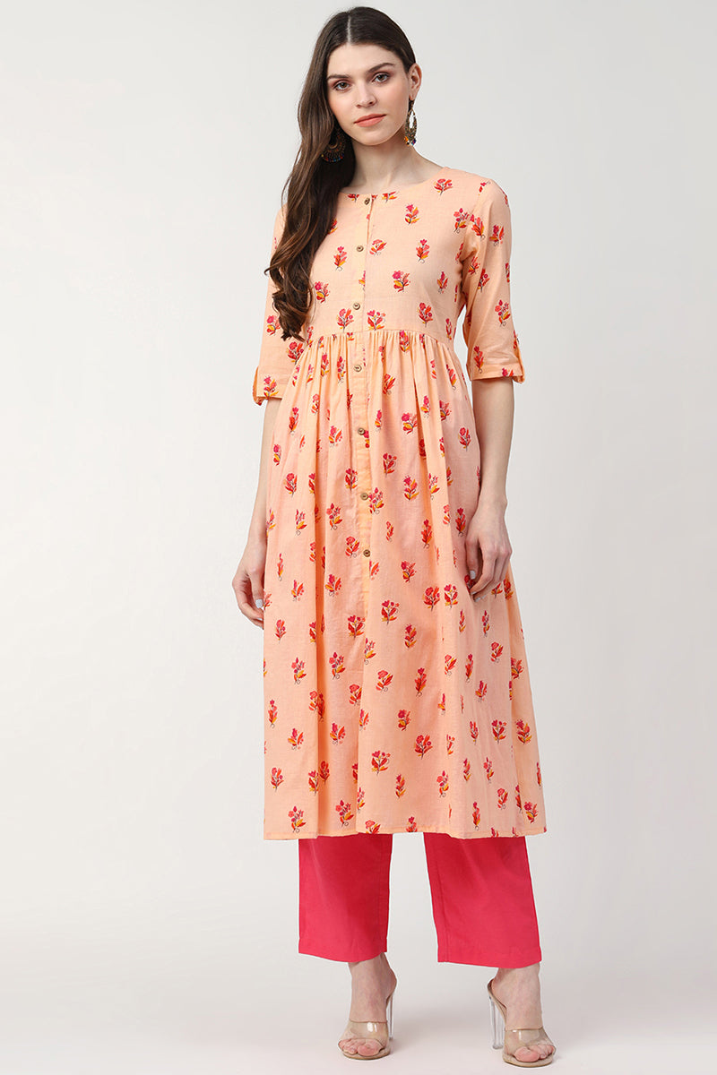 Peach Cotton Ethnic Motifs Printed A Line Kurti VCK8388