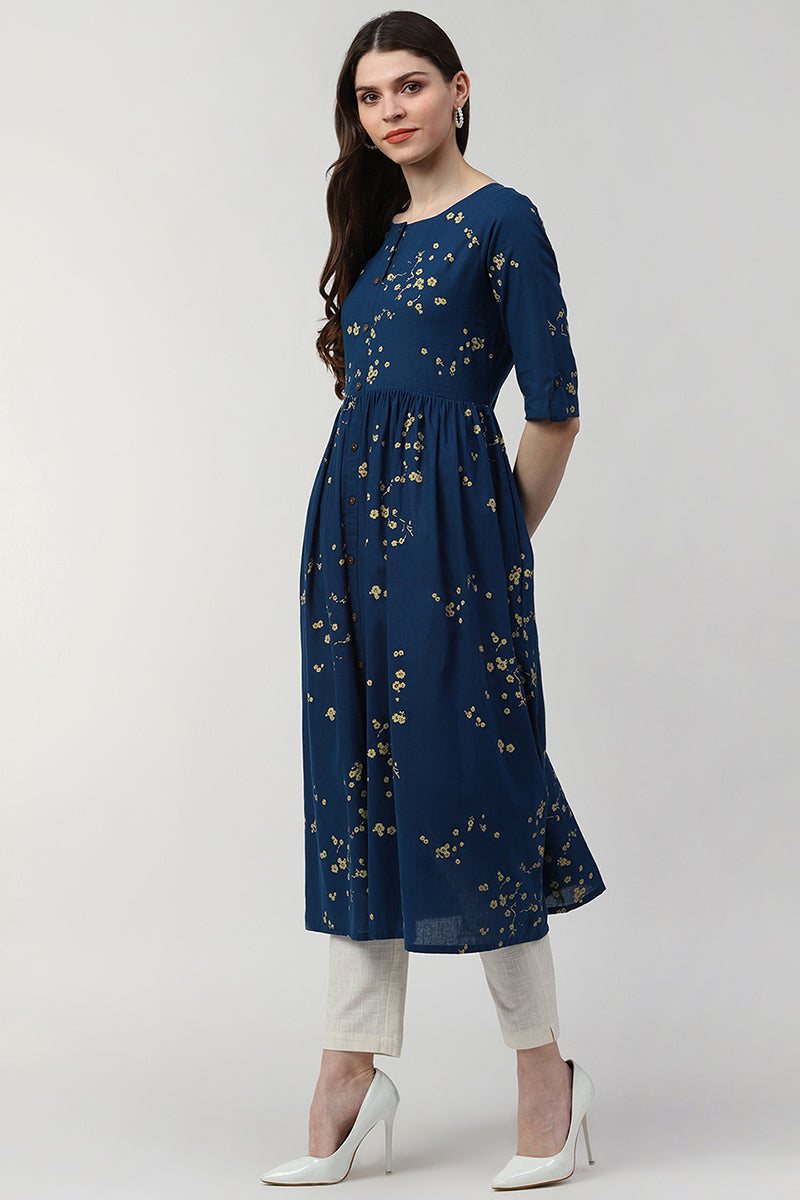  Ahika Women Cotton Blue Ethnic Motifs Printed A Line Kurti 