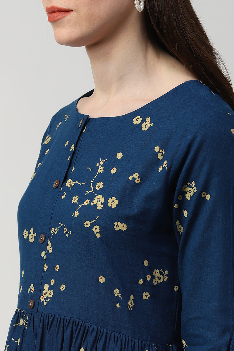  Ahika Women Cotton Blue Ethnic Motifs Printed A Line Kurti 