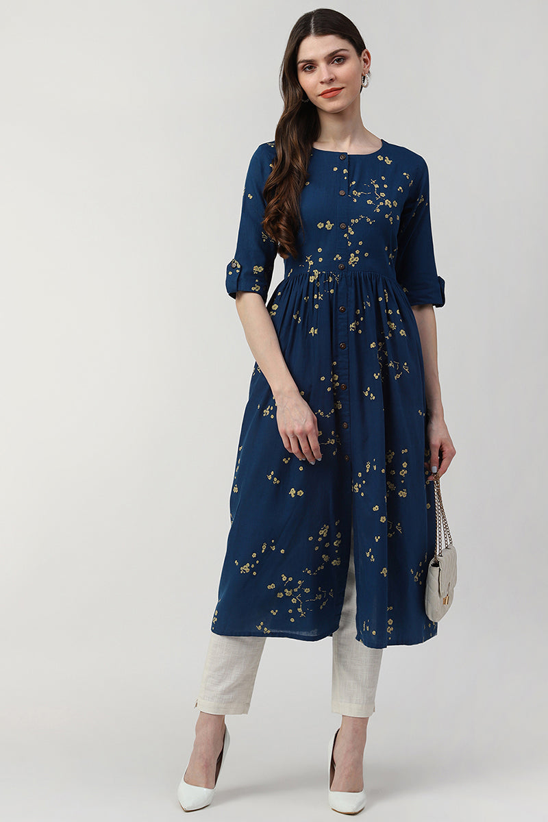  Ahika Women Cotton Blue Ethnic Motifs Printed A Line Kurti 