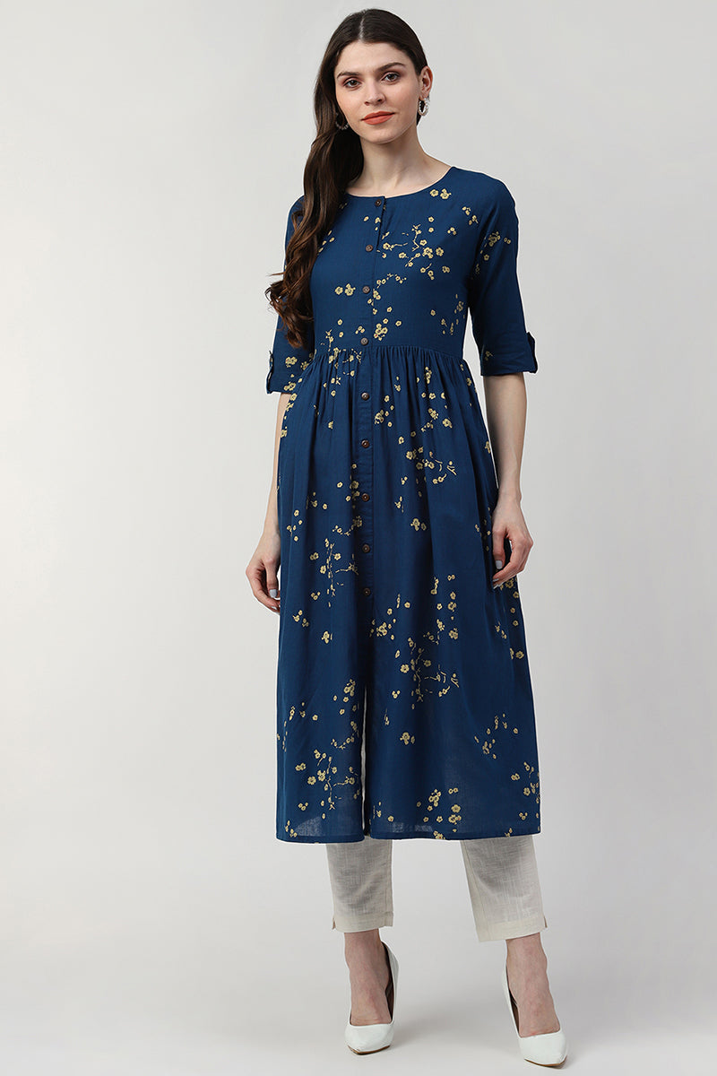  Ahika Women Cotton Blue Ethnic Motifs Printed A Line Kurti 