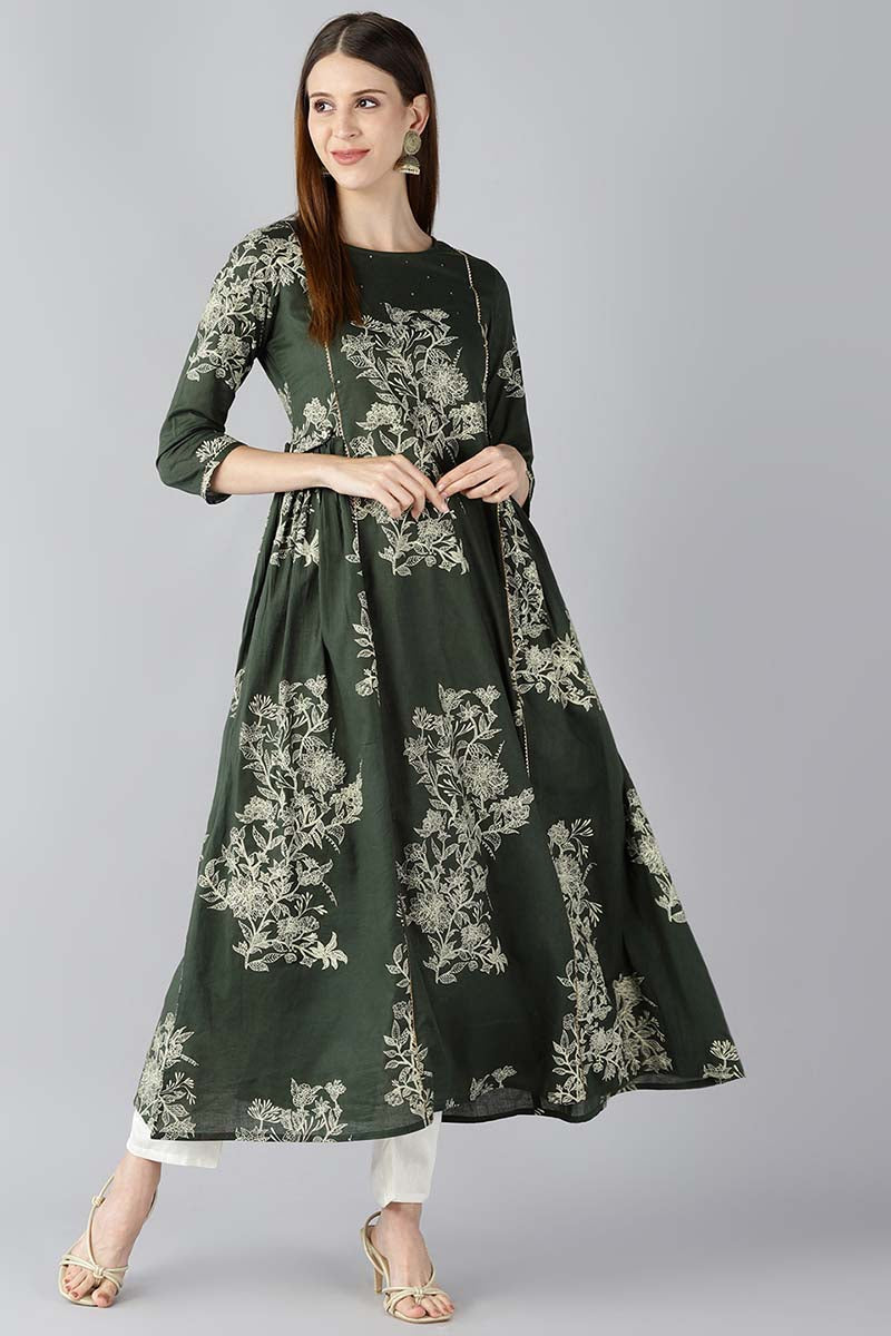 Ahika Women Cotton Green Ethnic Motifs Printed Anarkali Kurti 