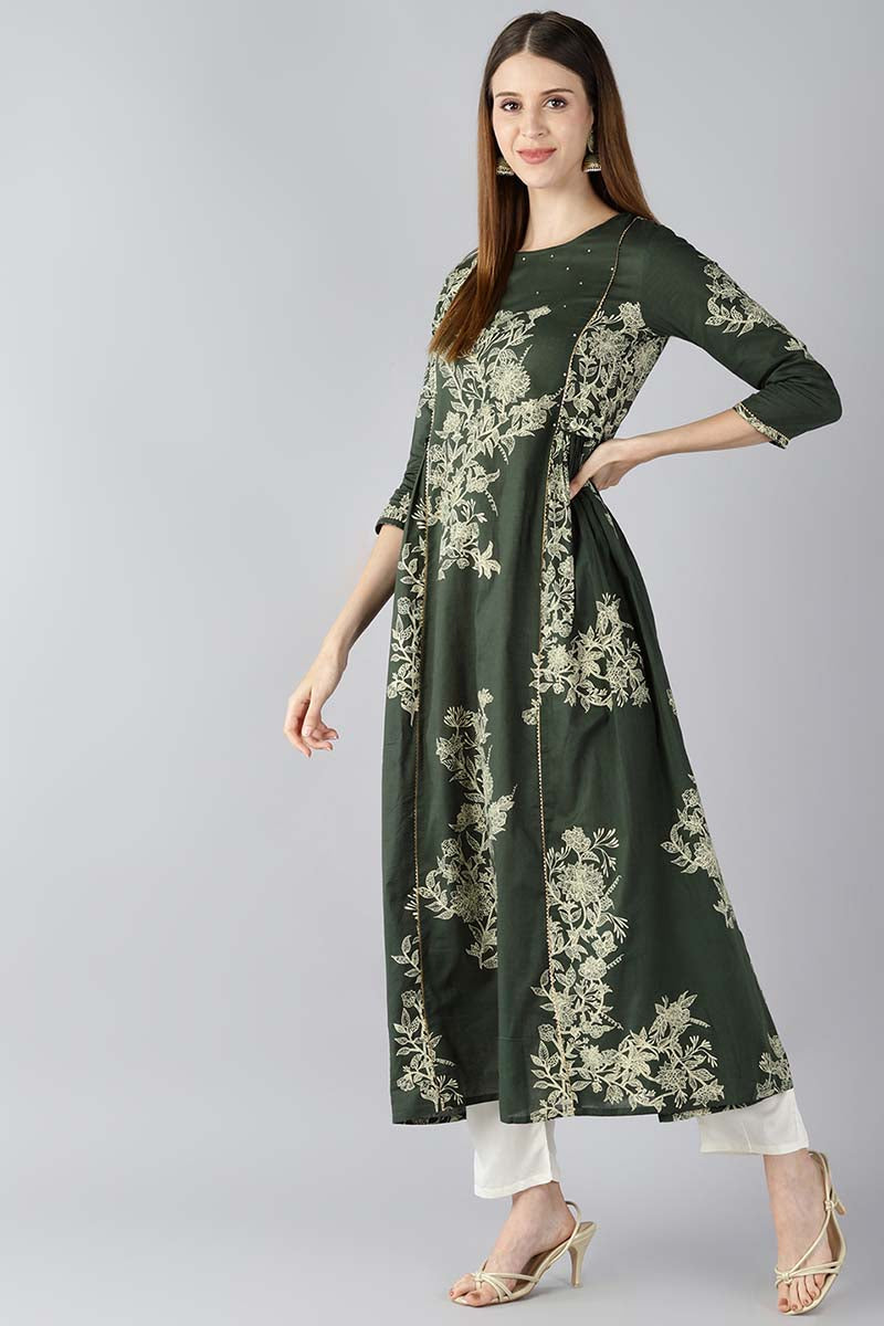 Ahika Women Cotton Green Ethnic Motifs Printed Anarkali Kurti 