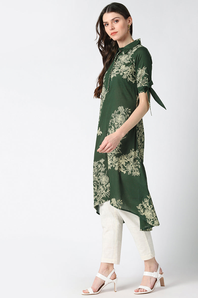 Cotton Green Floral Printed A Line Kurti VCK8411