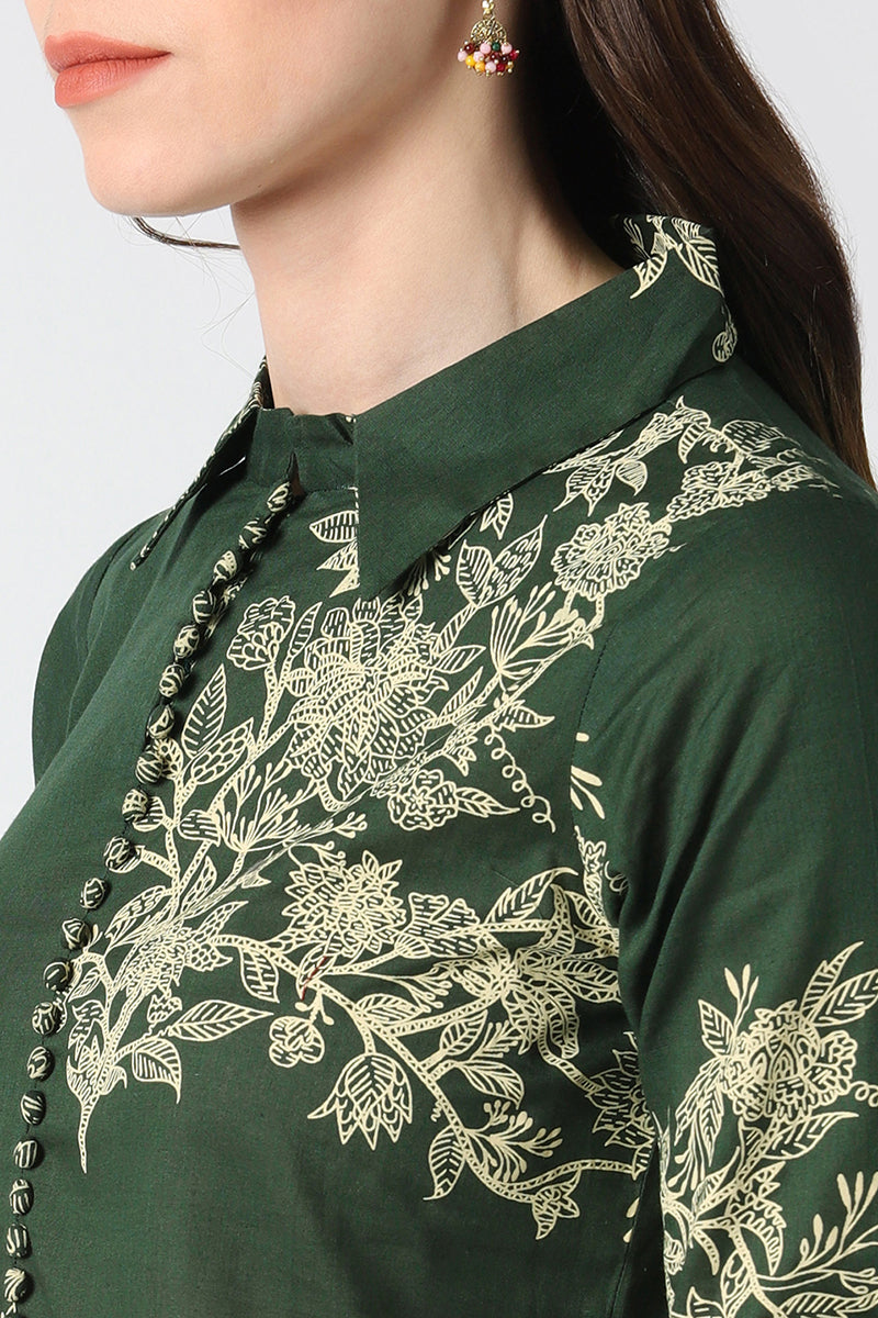 Ahika Women Cotton Green Floral Printed A Line Kurti 