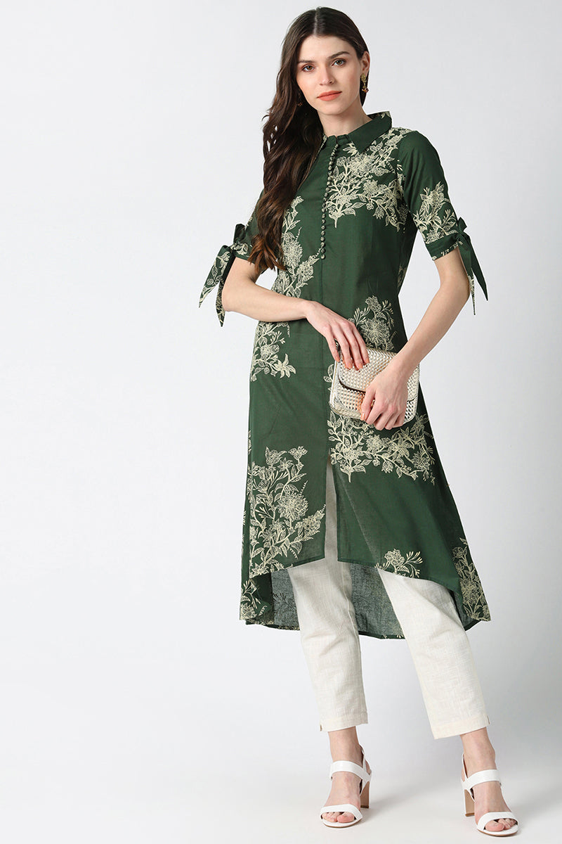 Cotton Green Floral Printed A Line Kurti VCK8411