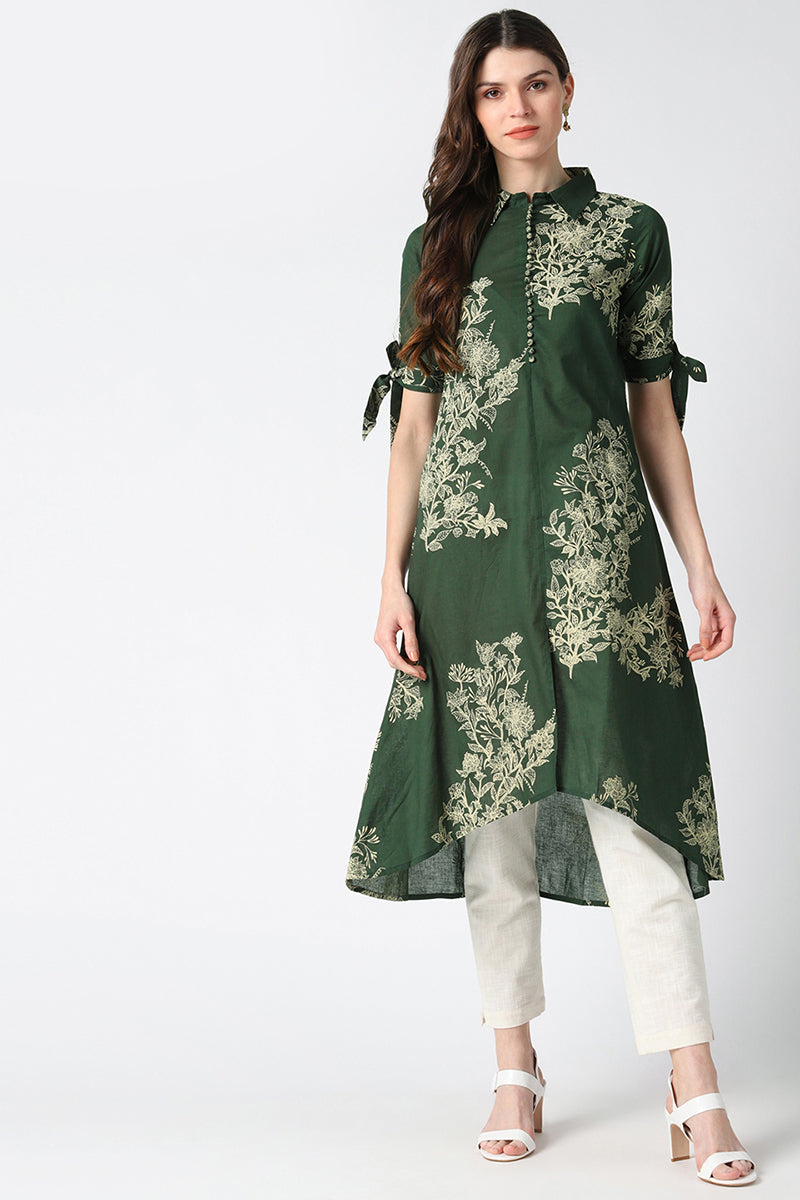 Cotton Green Floral Printed A Line Kurti VCK8411