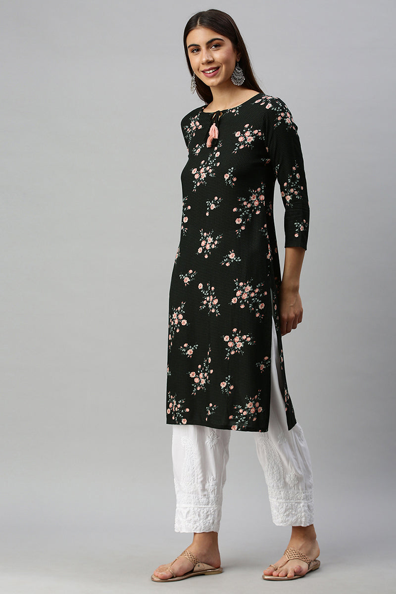 Ahika Women Cotton Black Floral Printed Straight Kurti 