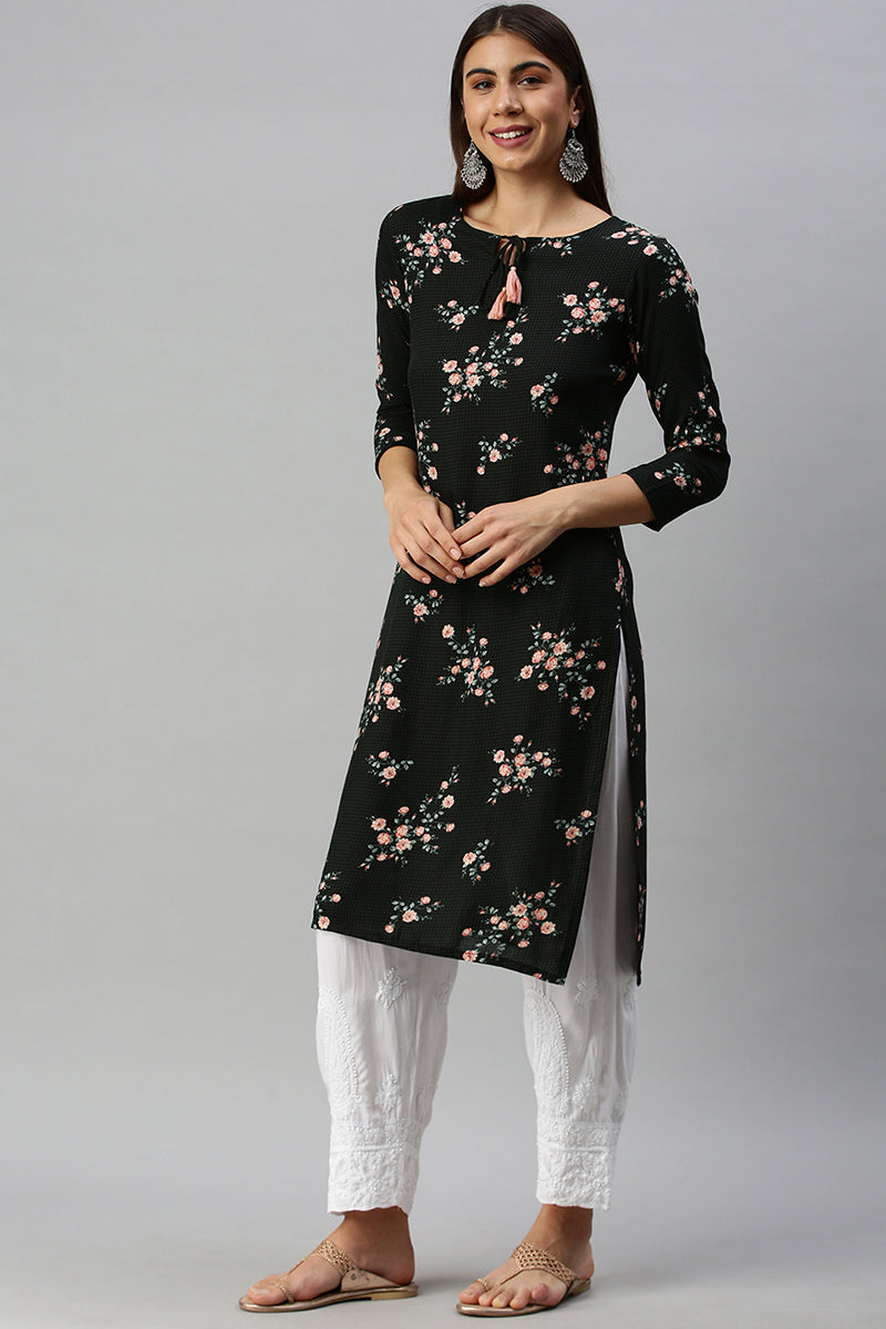 Ahika Women Cotton Black Floral Printed Straight Kurti 