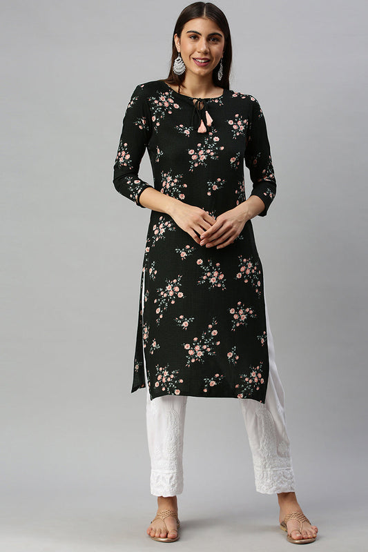 Ahika Women Cotton Black Floral Printed Straight Kurti 