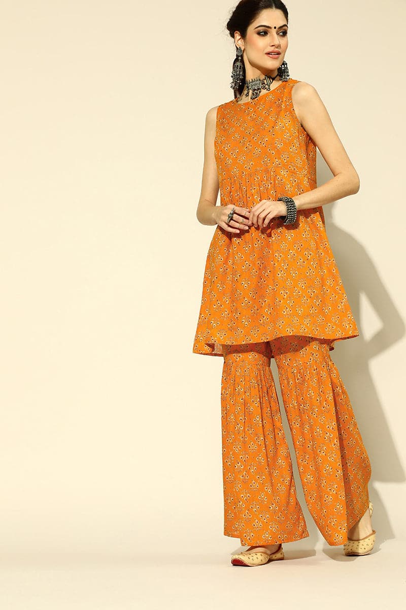 Ahika Creamy Mustard and Beige Pure Cotton Co-Ord Set