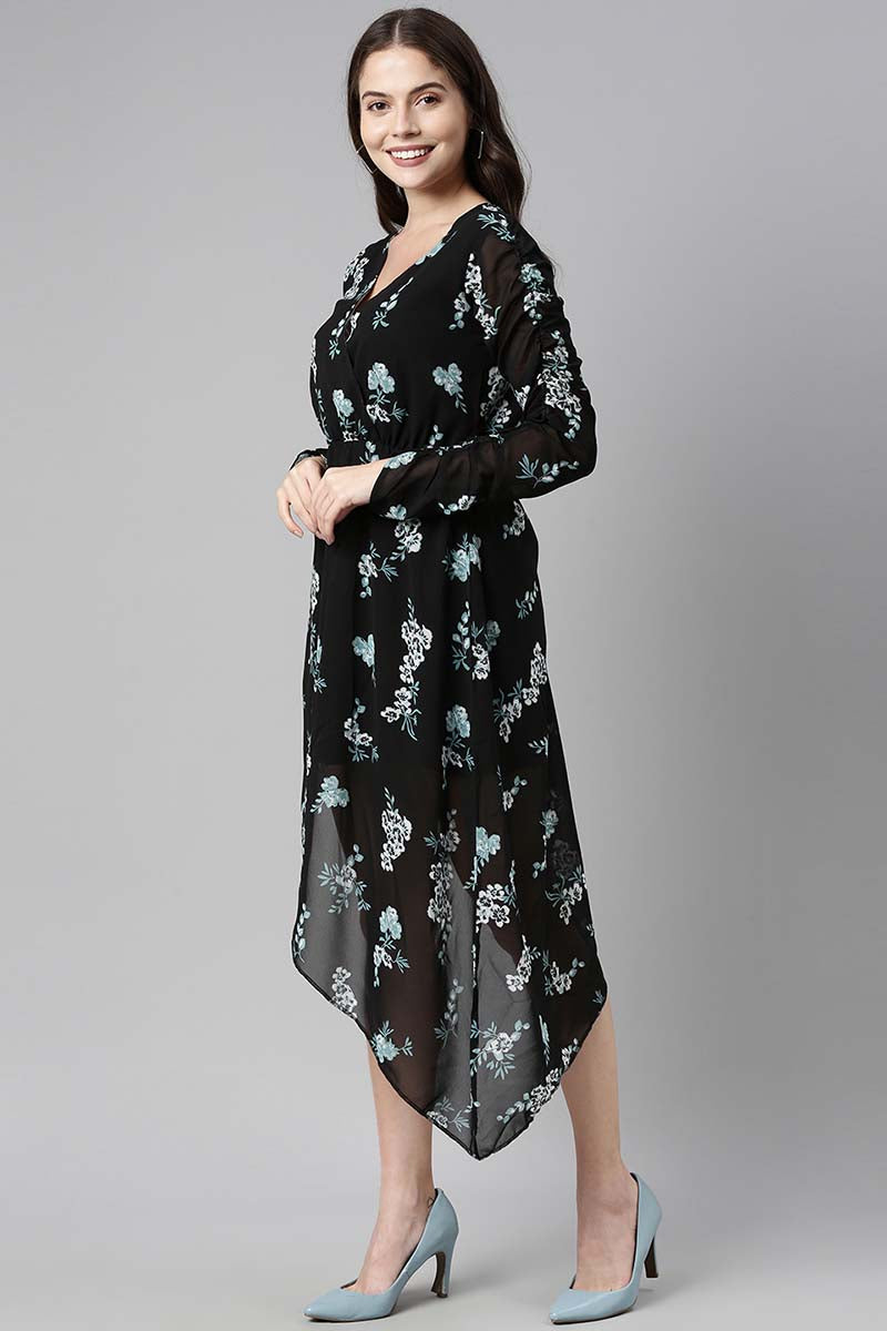  Ahika Women Polygeorgette Black Floral Printed Dress