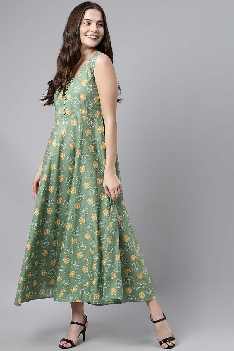 Ahika Women Green & Yellow Floral Print Maxi Dress