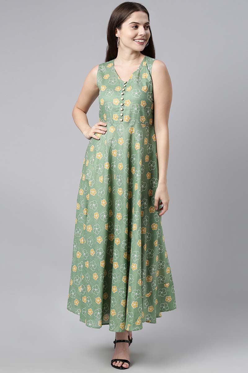 Ahika Women Green & Yellow Floral Print Maxi Dress