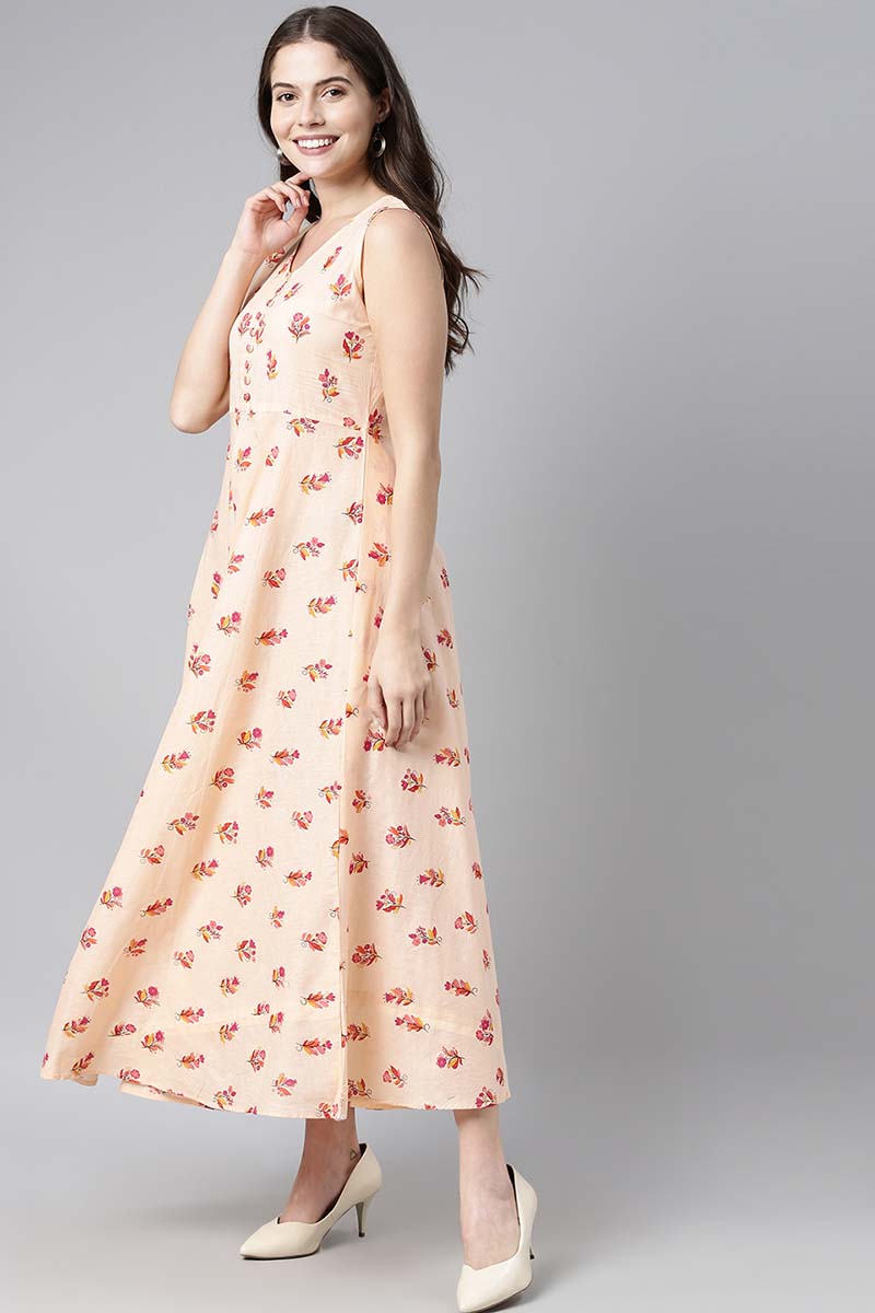 Ahika Women Pure Cotton Peach Floral Printed Maxi Dress