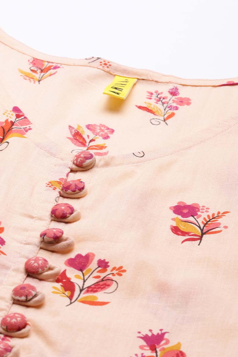 Peach Pure Cotton Floral Printed Maxi Dress VD1023