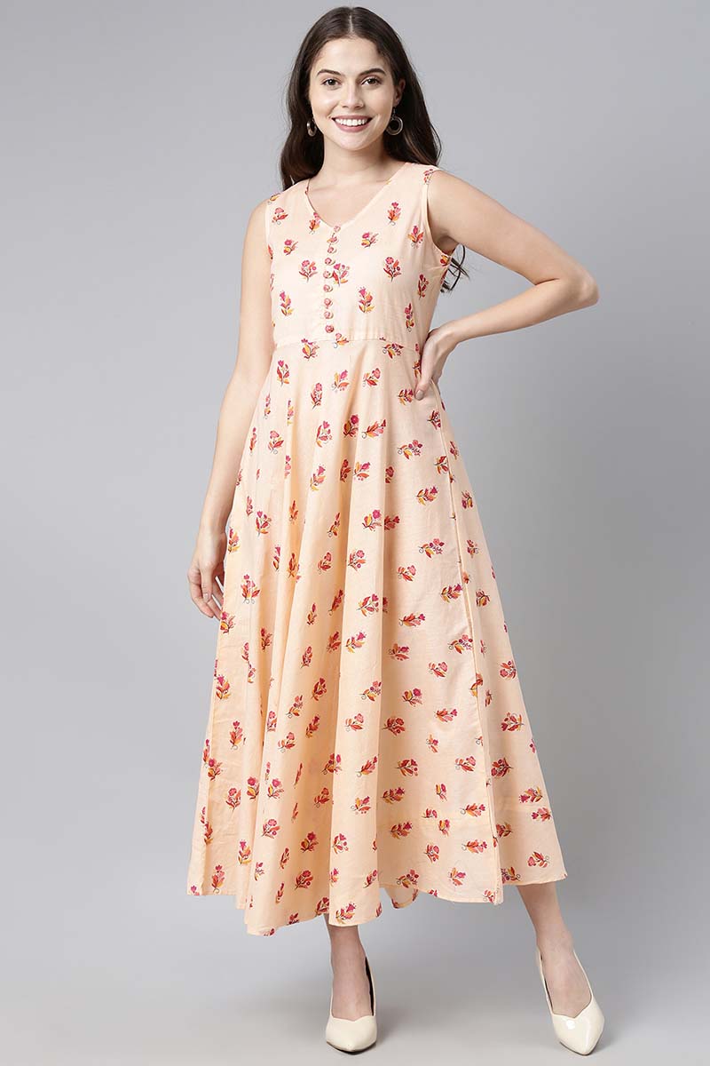 Ahika Women Pure Cotton Peach Floral Printed Maxi Dress