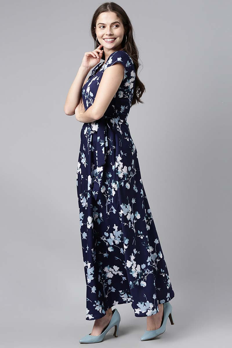 Ahika Women Polygeorgette Navy Blue Floral Georgette Maxi Dress