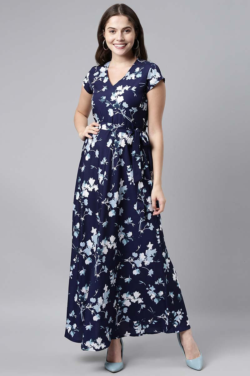 Ahika Women Polygeorgette Navy Blue Floral Georgette Maxi Dress