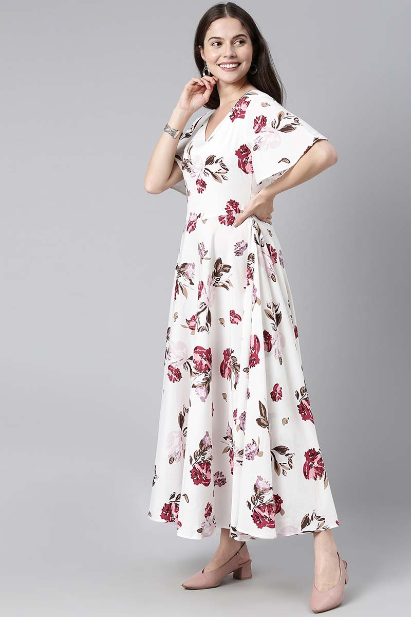 Ahika Women Polycrepe White & Pink Floral Printed Flared Sleeve Maxi Dress with Gathers