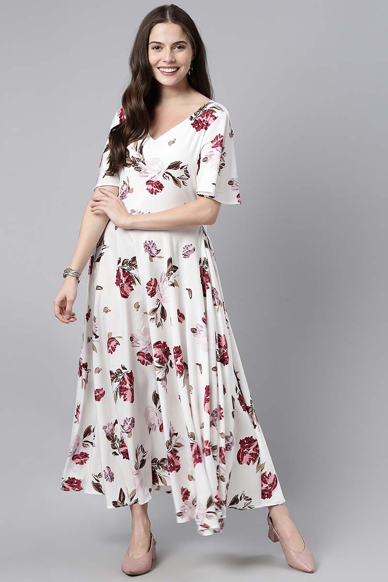 Ahika Women Polycrepe White & Pink Floral Printed Flared Sleeve Maxi Dress with Gathers