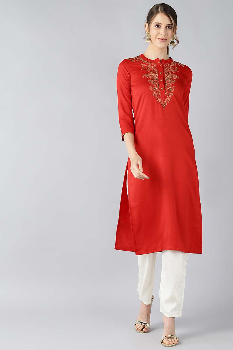 Ahika Women Red Solid Straight Kurta with Embroidered Detail 