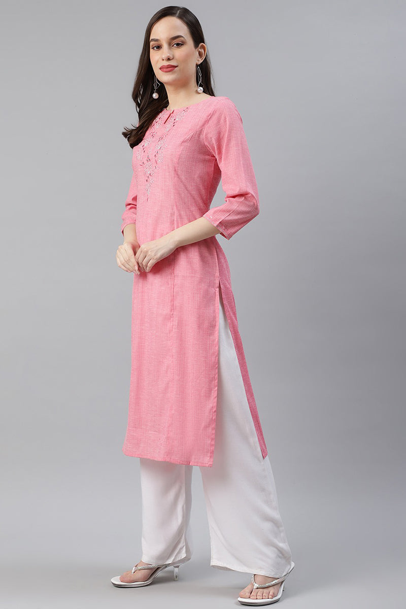 Ahika Women Cotton Pink Embroidered Work Straight Kurti 