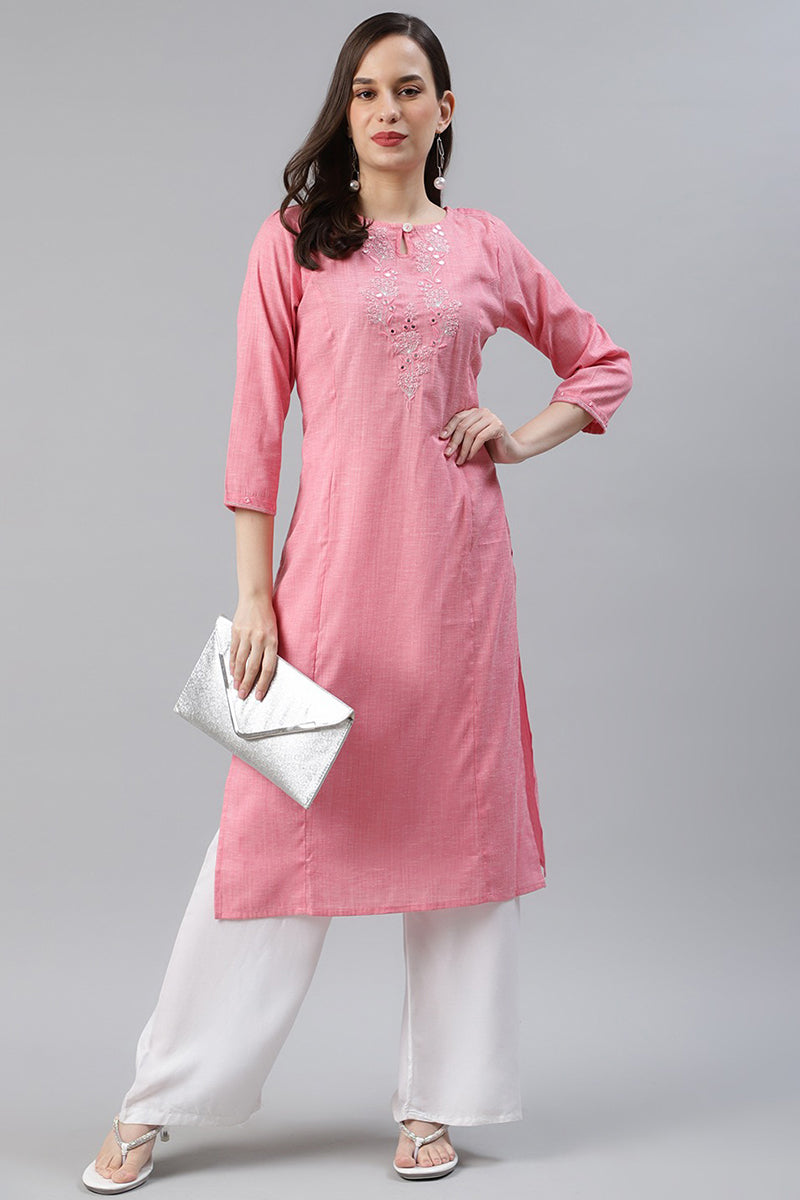 Ahika Women Cotton Pink Embroidered Work Straight Kurti 