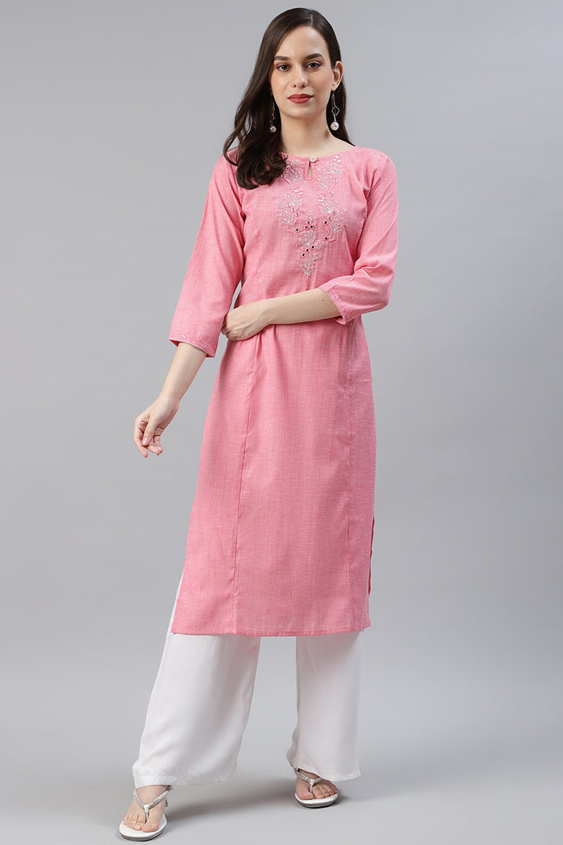 Ahika Women Cotton Pink Embroidered Work Straight Kurti 