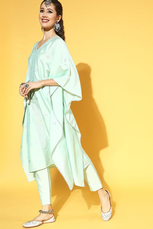 AHIKA Gorgeous Sea Green Woven Design Kurta with Solid Palazzos 