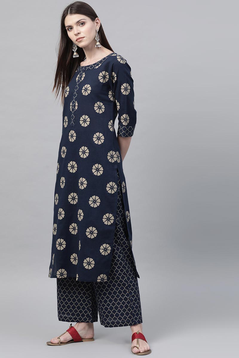 Ahika Women Navy Blue Color Function Wear Cotton Fabric Printed Fancy Kurta And Palazzo Set 