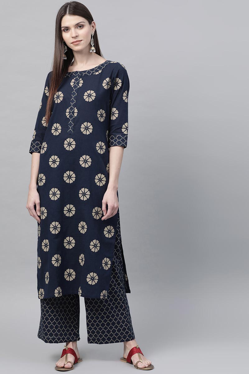 Ahika Women Navy Blue Color Function Wear Cotton Fabric Printed Fancy Kurta And Palazzo Set 