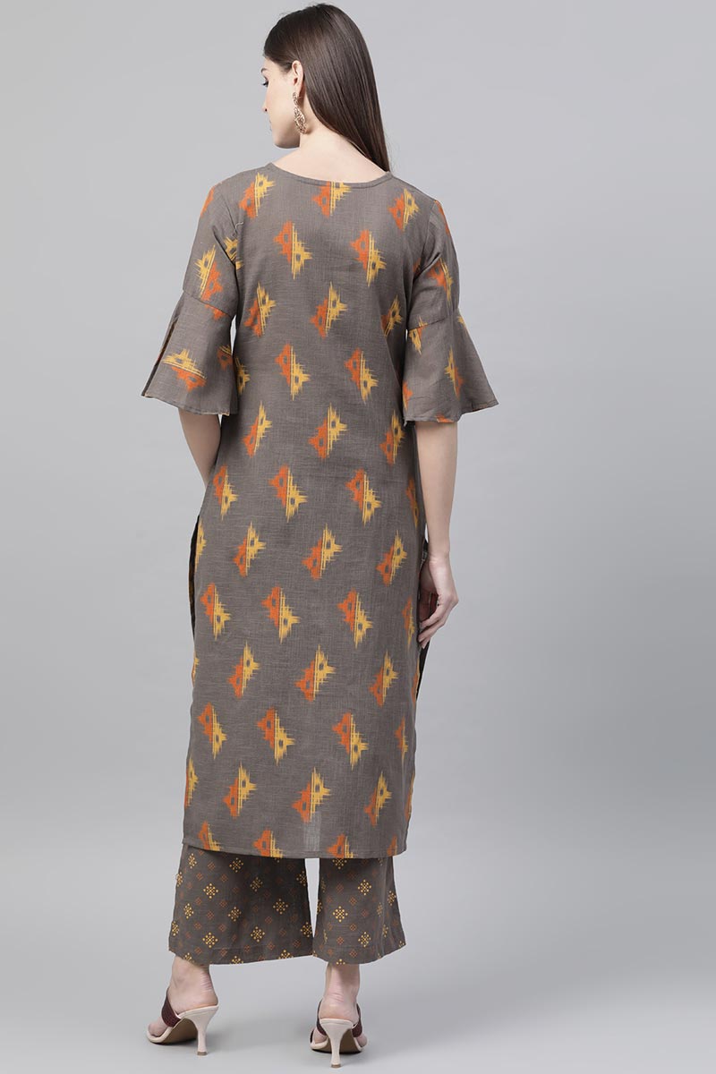 Ahika Women Regular Wear Cotton Fabric Printed Dark Brown Color Simple Kurta And Palazzo Set VKSET1003 