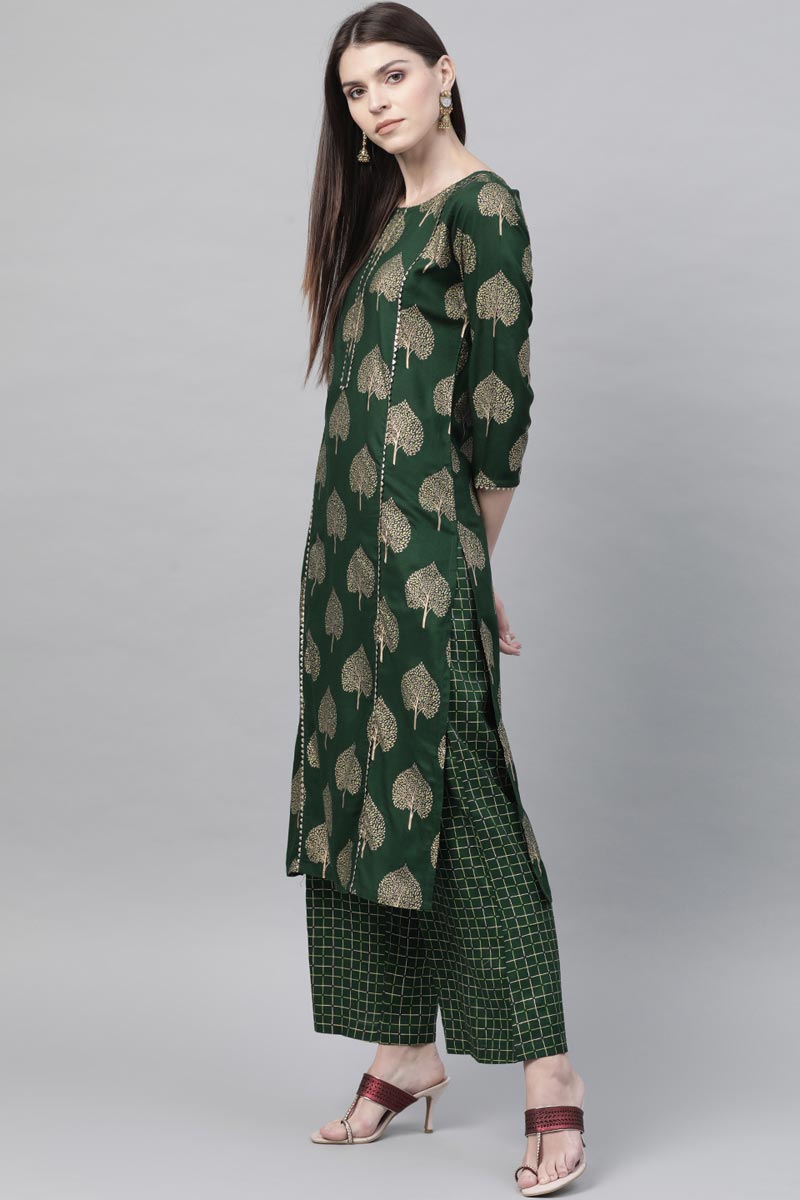 Ahika Women Casual Wear Cotton Fabric Dark Green Color Printed Trendy Kurta And Palazzo Set 