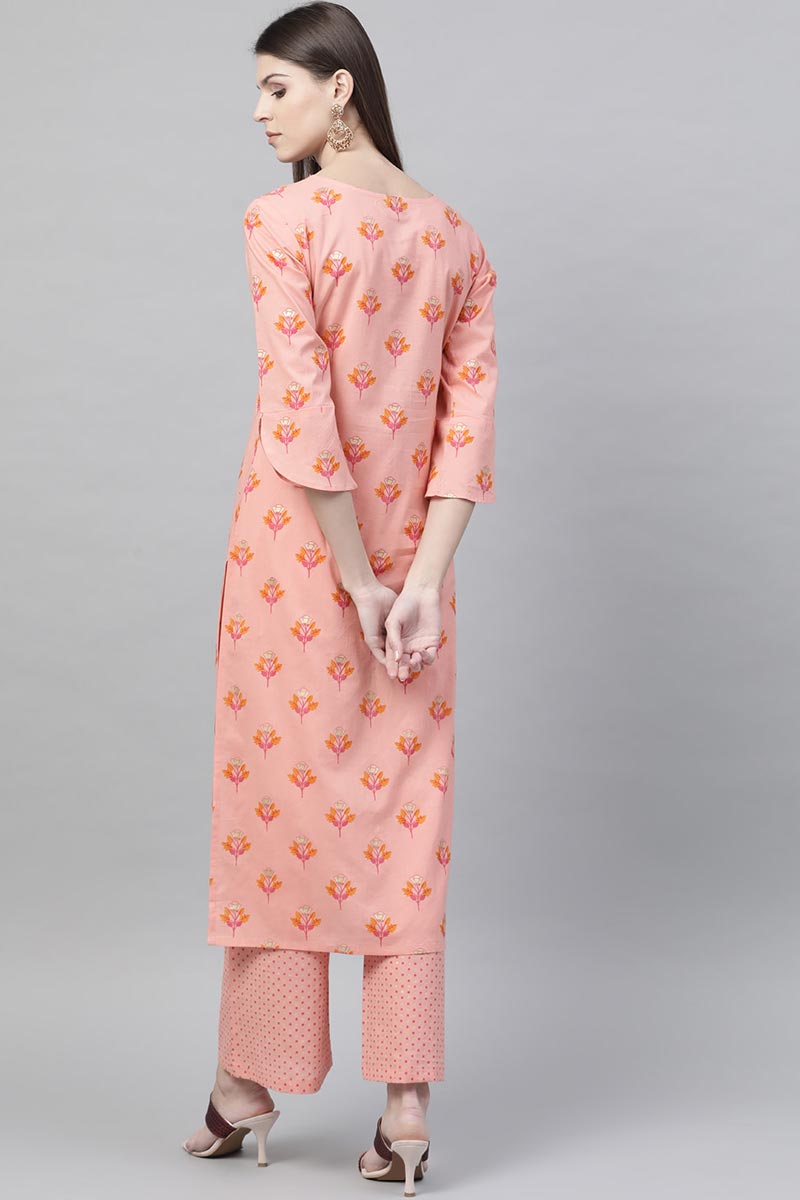 Ahika Women Peach Color Function Wear Cotton Fabric Printed Fancy Kurta And Palazzo Set 