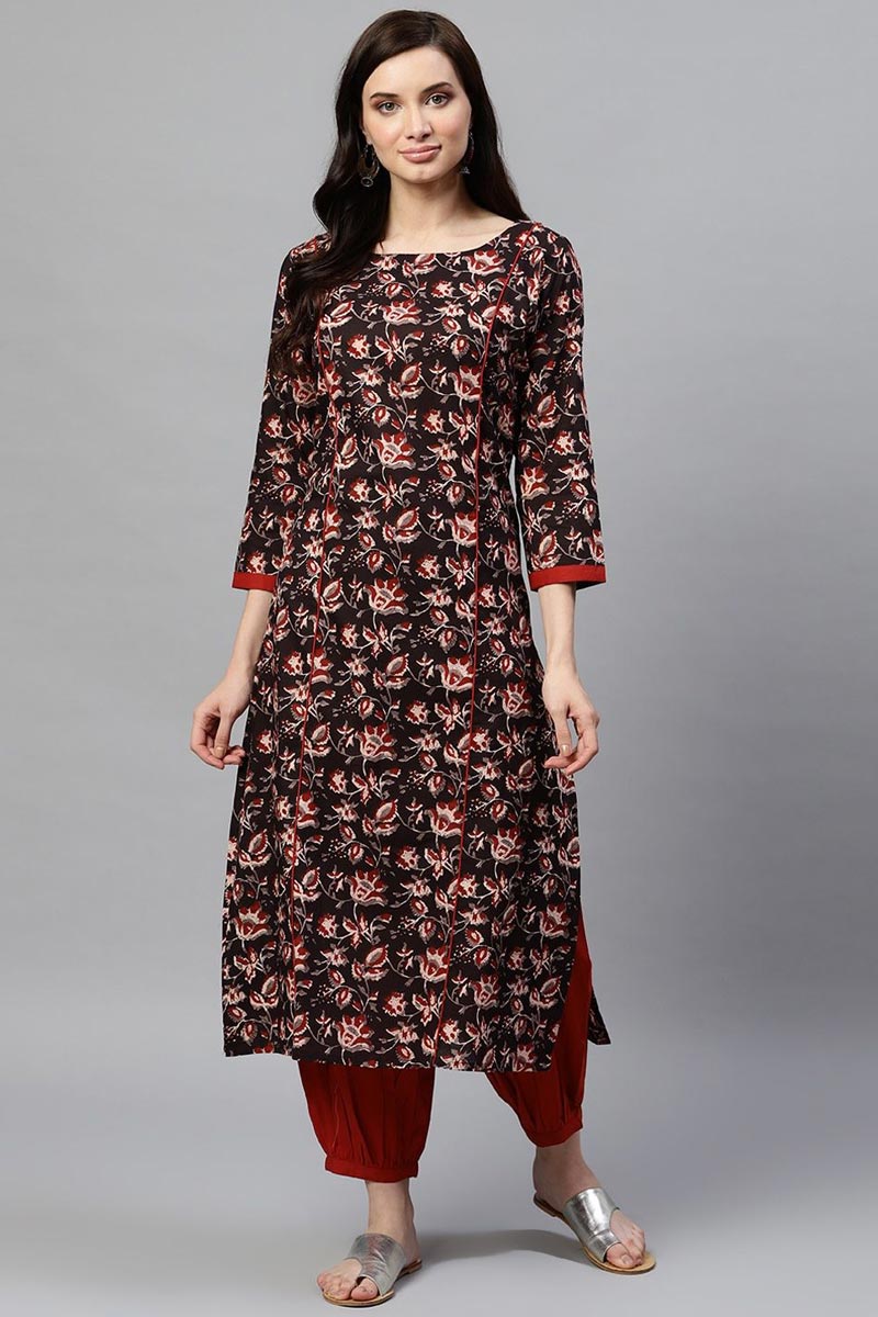 Ahika Women Daily Wear Cotton Fabric Printed Brown Fancy Kurta And Palazzo Set 