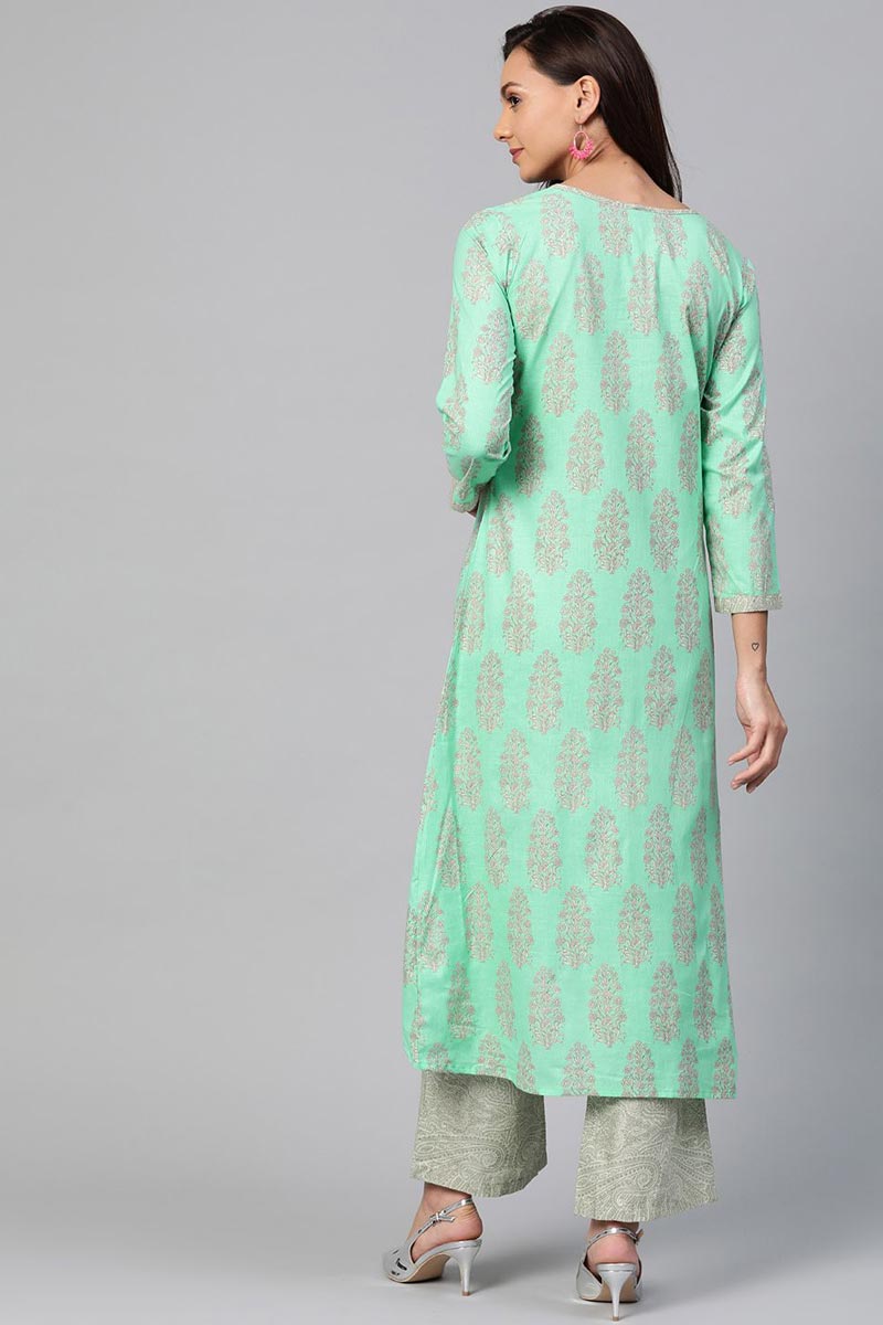 Ahika Women Occasion Wear Cotton Fabric Printed Stylish Sea Green Color Kurta And Palazzo Set 