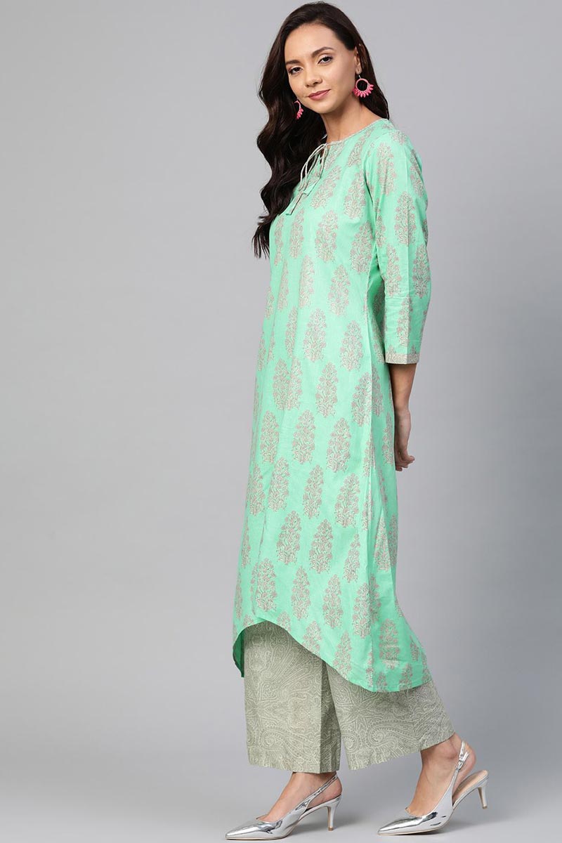 Ahika Women Occasion Wear Cotton Fabric Printed Stylish Sea Green Color Kurta And Palazzo Set 