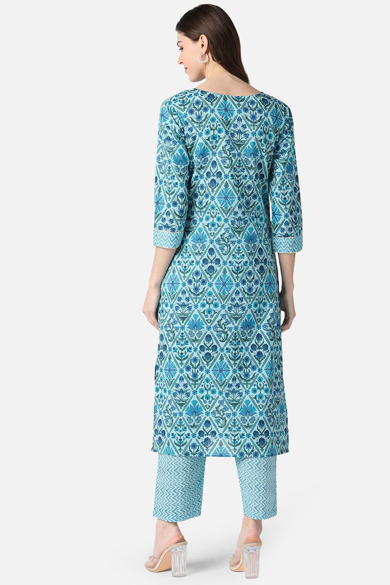 Ahika Women Cotton Turquoise Blue Ethnic Motifs Printed Straight Kurta Pant Set 