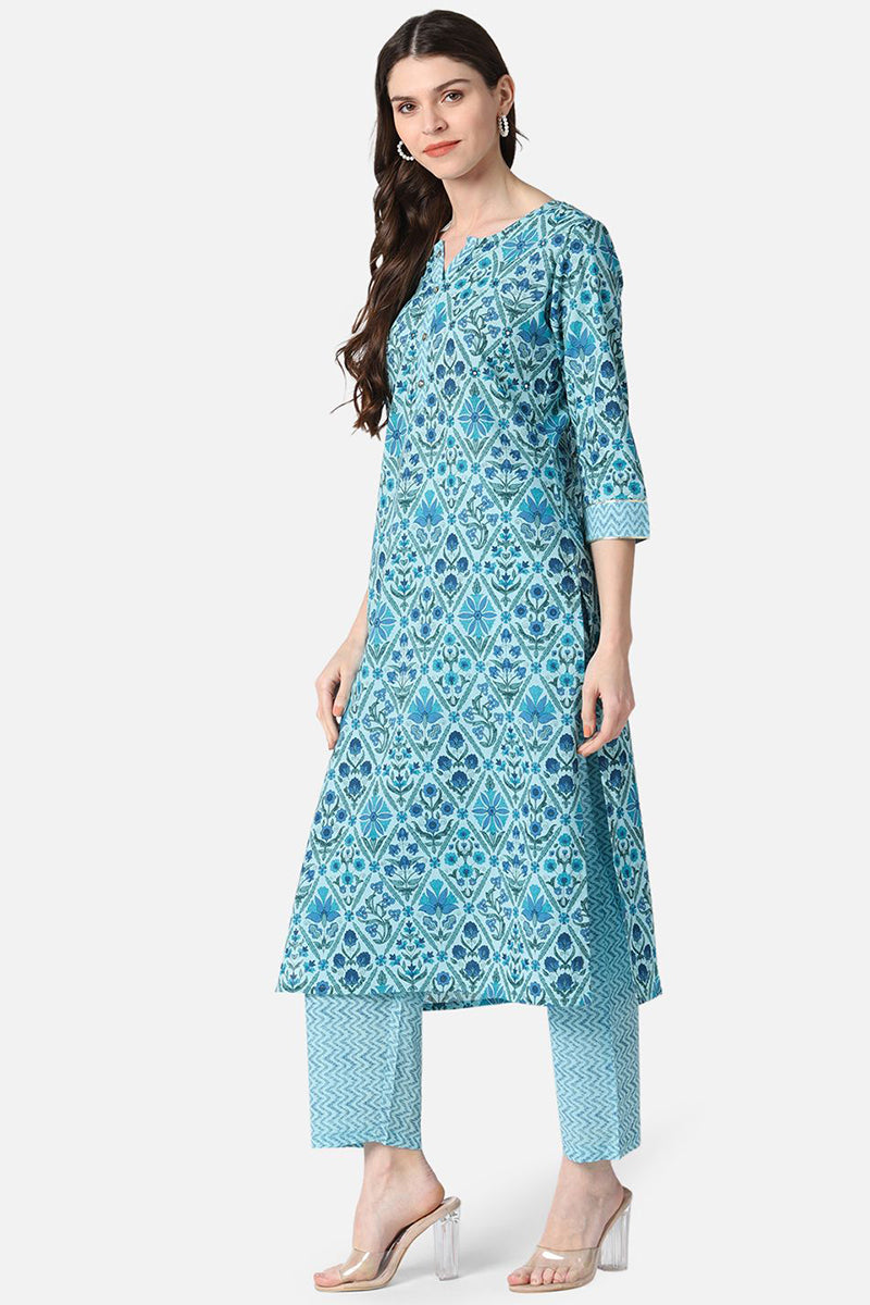 Ahika Women Cotton Turquoise Blue Ethnic Motifs Printed Straight Kurta Pant Set 