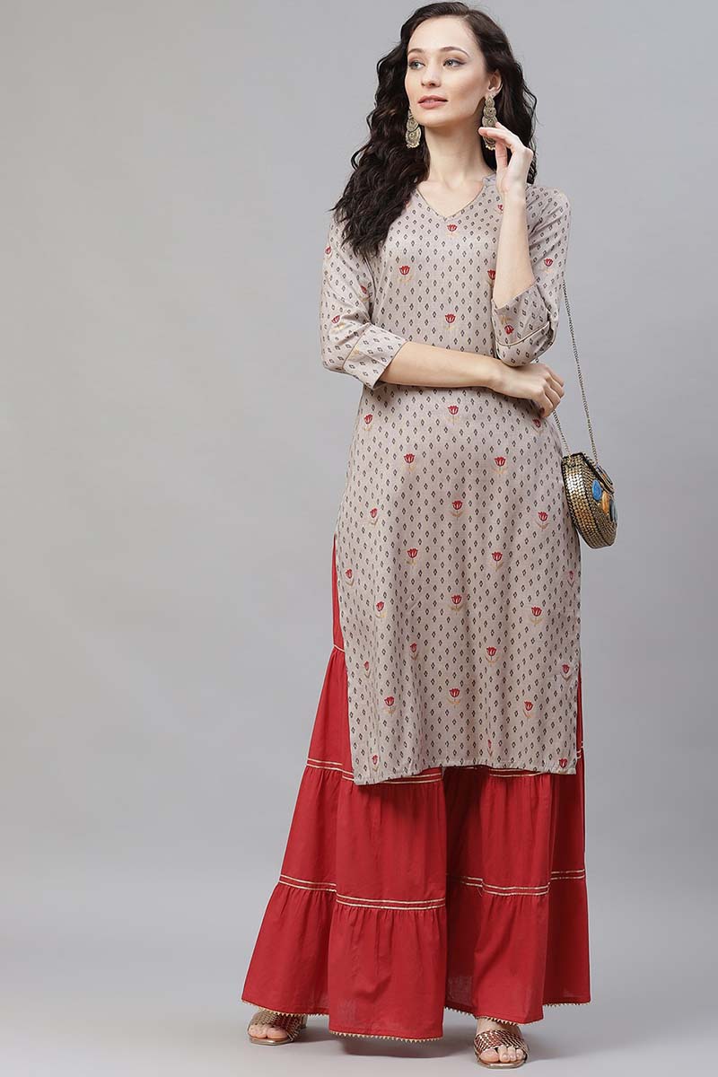 AHIKA Women Grey Floral Regular Pure Cotton Kurta with Palazzos 