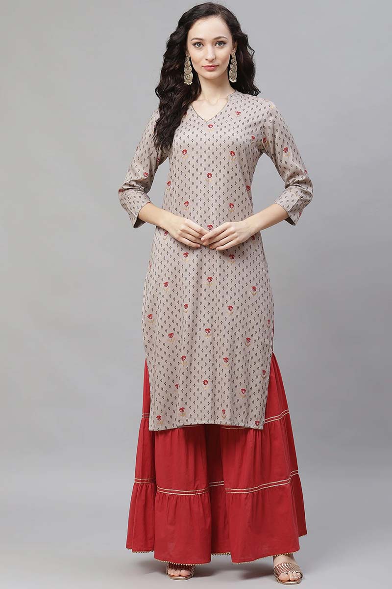 AHIKA Women Grey Floral Regular Pure Cotton Kurta with Palazzos 