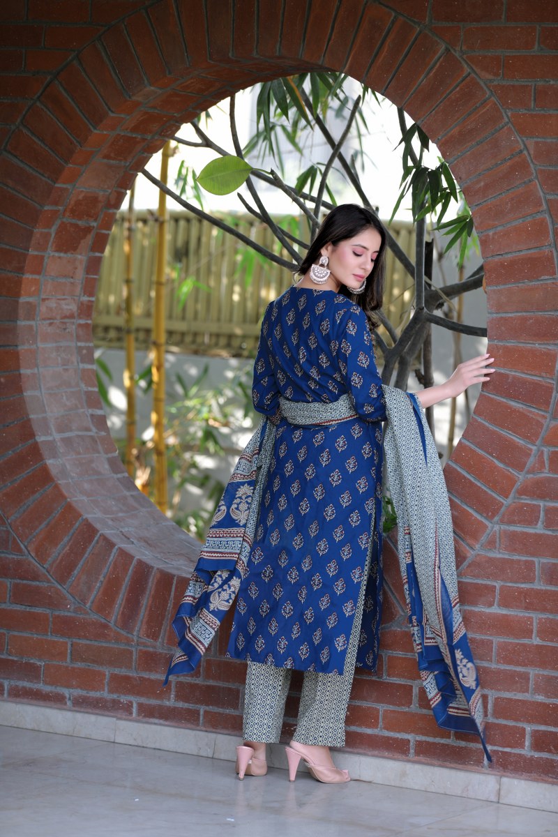 Ahika Women Blue And Grey Color Cotton Fabric Printed Fancy Kurta And Palazzo Dupatta Set