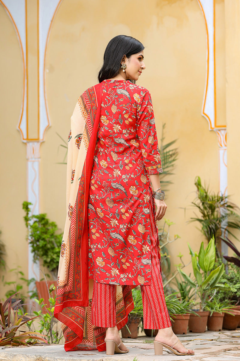 Ahika Women Red Color Cotton Fabric Printed Fancy Kurta And Palazzo Dupatta Set