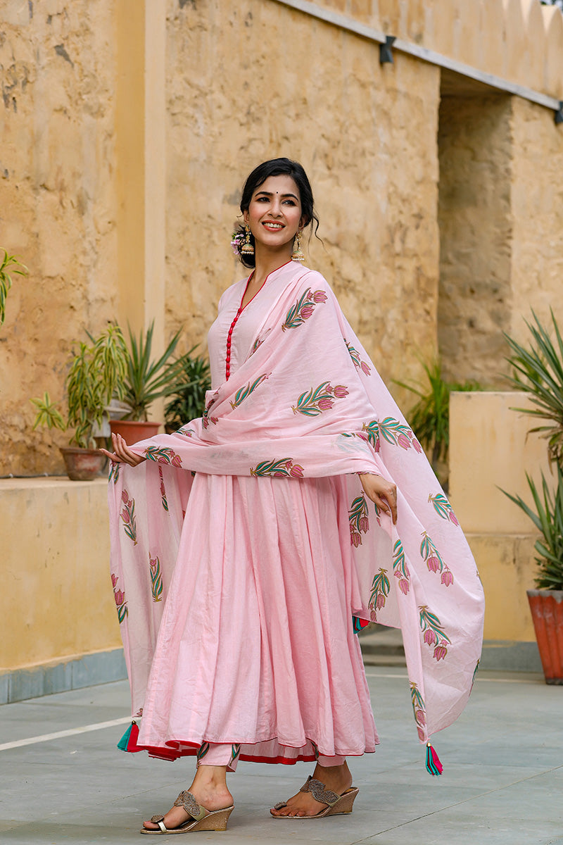 Ahika Women Cotton Pink Solid Printed A Line Kurta Pant Dupatta Set