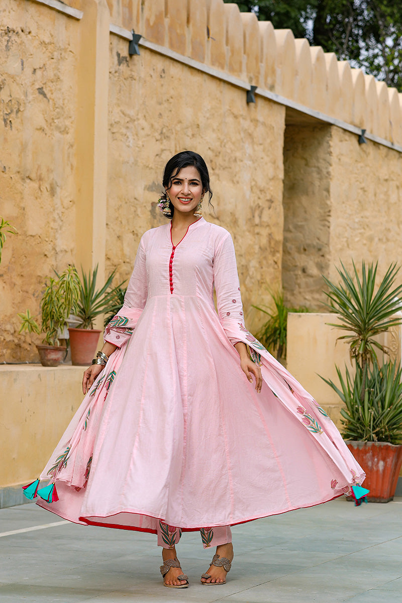 Ahika Women Cotton Pink Solid Printed A Line Kurta Pant Dupatta Set
