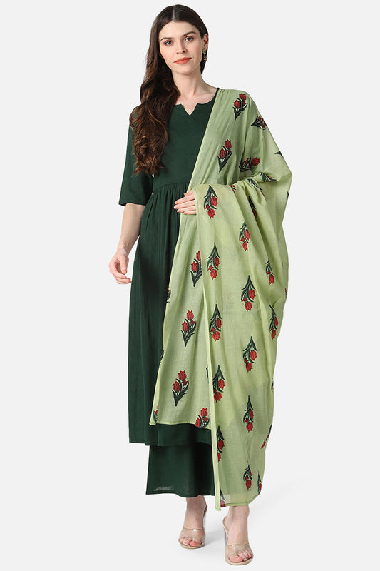 Ahika Women Cotton Green Solid Printed A Line Kurta Pant Dupatta Set